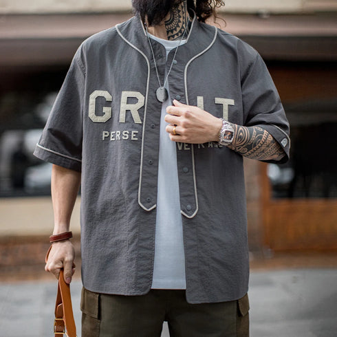 Premium Men's Baseball Shirt – Casual Letter Print Short Sleeve Color-Block Button-Up for Summer